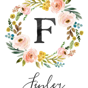 Meadowland Floral Monogram Wreath with Name - Personalized Print